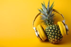 piña en auriculares en amarillo antecedentes con Copiar espacio. ai generado. foto