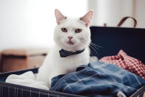 blanco gato con un arco Corbata sentado en un abierto maleta entre ropa. verano vacaciones concepto. ai generado. foto