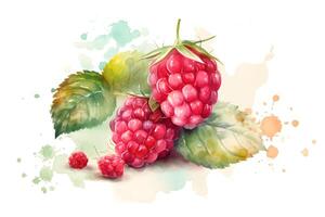 Ripe raspberry on white background, watercolor illustration. . photo