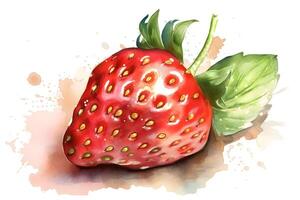 Watercolor painting of ripe strawberry on white background. . photo