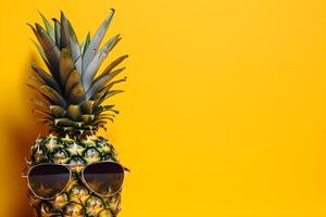 Pineapple in sunglasses on yellow background with copy space. . photo