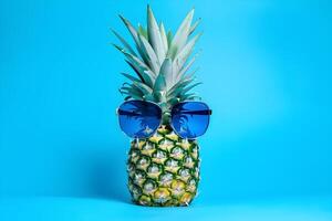 Pineapple in sunglasses on blue background with copy space. . photo