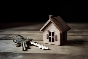 A model of small wooden house and keys on dark background. Concept of buying real estate. . photo