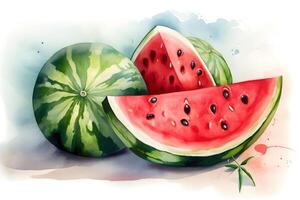 Watercolor painting of ripe watermelon on white background. . photo