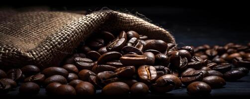 Roasted coffee beans banner on black background. AI generated. photo
