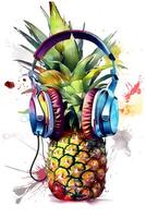 Pineapple in headphones with colorful splashes on white background. Watercolor painting. . photo