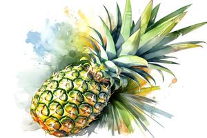 Watercolor painting of pineapple with colorful splashes on white background. . photo