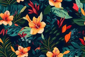 Tropical flowers painting seamless pattern. . photo