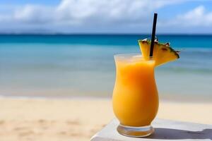 Summer cocktail with a slice of pineapple on a table in a cafe on the beach. Mai tai. . photo