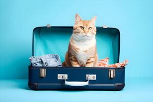 linda jengibre gato sentado en un abierto maleta entre verano ropa en azul antecedentes. ai generado. foto