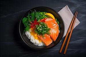 Poke bowl with salmon, rice, beans and seaweed with chopsticks on black background, top view. . photo