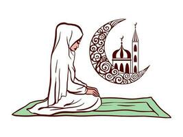 Religious woman reading Namaz on moon decorated background for Islamic holy month of prayers Ramadan Kareem. Namaz, Muslim prayer. Ramadan vector illustration. For greeting cards, banners, invitations