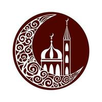 Beautiful crescent moon and mosque. Ramadan Kareem in graphic art style. Ramadan vector illustration. Simple and minimalistic design. For greeting cards, holiday banners, decorative elements.