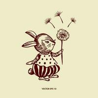 Cute cartoon hare with a dandelion flower in his hands. Vector illustration. Design element for covers, greeting cards, summer banners, children's pictures.