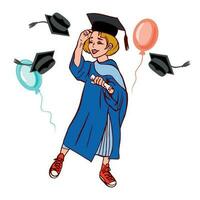 Vector illustration of a university graduate, girls. A postcard with the image of a graduate with flying caps and balloons is a template for a graduation ceremony, can be used as a banner, flyer.