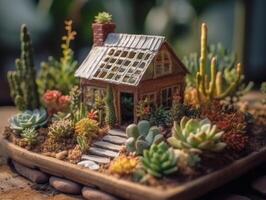 Fantasy Miniature home flowers succulents and cactus in the garden Created with technology photo