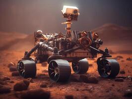 Rover on Mars surface. Exploration of red planet. Created with technology. photo