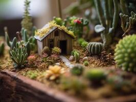 fantasía miniatura hogar flores suculentas y cactus en el jardín creado con generativo ai tecnología foto