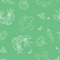 Vegetables pattern is seamless. Abstract Patterns of a set of vegetables. Onion, ginger, garlic, pepper and dill. Vector graphic.