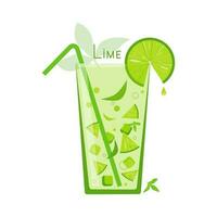 Lime, citrus. A cold summer drink in a glass. Healthy eating, benefits. Lime and mint with ice. Cocktail. Calligraphy, lettering. White isolated background. vector