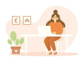 Smiling girl working on a laptop at her home. Cute flat cartoon vector illustration. Freelance and home studying concept