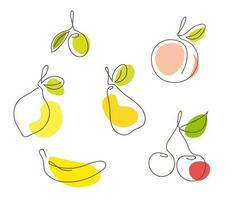 Set of one continuous line art fruits and berries - lemon, banana, pear, peach, cherries and olive. Vector illustration isolated on white background