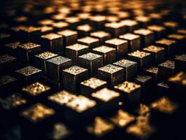 Futuristic gold cubes background Abstract geometric mosaic grid Square tiles pattern technology photo