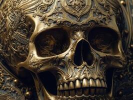 Skull with golden ornament on a dark background Created with technology photo