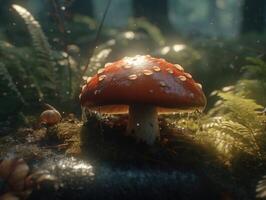 seta en el bosque. hermosa rojo mosca agárico en el musgo. creado con generativo ai tecnología foto