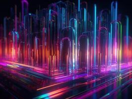 Neon lights Chromatic Holographic lines on dark background Created with technology. photo