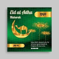 golden Eid al Adha post design template with moon and camel vector