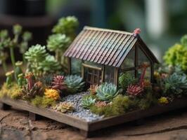 fantasía miniatura hogar flores suculentas y cactus en el jardín creado con generativo ai tecnología foto