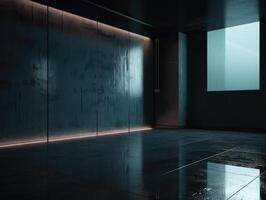 Empty dark room with concrete floor and black wall Created with technology photo