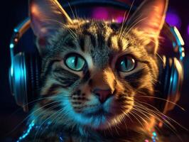 Cat in big headphones enjoys music. Created with technology photo