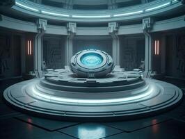 Futuristic sci-fi room with neon lights Round podium created with technology. photo