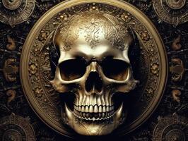 Skull with golden ornament on a dark background Created with technology photo