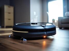 Robotic vacuum cleaner cleaning the floor in the living room. Cleaning service concept. Created with technology. photo