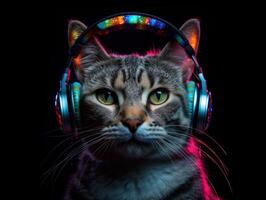 Cat in big headphones enjoys music. Created with technology photo