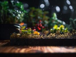 resumen composición con fantasía plantas en de madera mesa creado con generativo ai tecnología foto