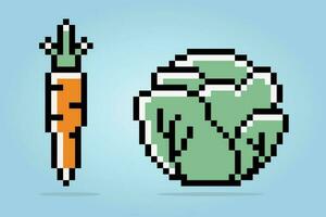 Pixel 8 bits of carrots and cabbage. Vegetables for game assets in vector illustrations.