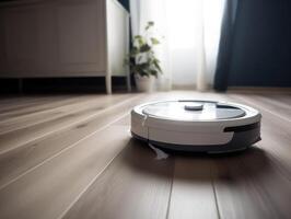 Robotic vacuum cleaner cleaning the floor in the living room. Cleaning service concept. Created with technology. photo