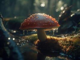 Mushroom in the forest. Beautiful red fly agaric in the moss. Created with technology photo