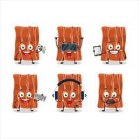 Fried bacon cartoon character are playing games with various cute emoticons vector