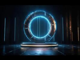 Fantastic Circle holograms magic portals. Futuristic round stage with neon lights. Glowing round stage on a dark background. Created with technology photo