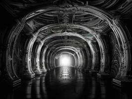 Abstract futuristic tunnel corridor with glowing lights and reflections Science fiction style Created with technology photo