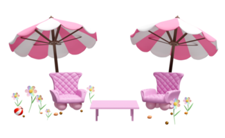 3d dos sofá silla con rosado paraguas o sombrilla, flor, café mesa aislado. 3d hacer ilustración png