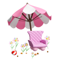 3d soffa stol med rosa paraply eller parasoll, blomma, strand boll isolerat . 3d framställa illustration png