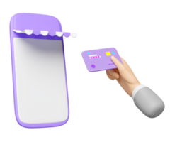 3d mano utilizando crédito tarjeta con móvil teléfono, púrpura teléfono inteligente Tienda frente aislado. en línea compras, pago transacción, en línea compras concepto, 3d hacer png