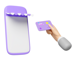 3d hand- gebruik makend van credit kaart met mobiel telefoon, Purper smartphone op te slaan voorkant geïsoleerd. online winkelen, betaling transactie, online boodschappen doen concept, 3d geven png