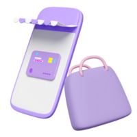 3d móvil teléfono o púrpura teléfono inteligente con Tienda frente, papel bolsas, crédito tarjeta aislado. en línea compras concepto, 3d hacer ilustración png